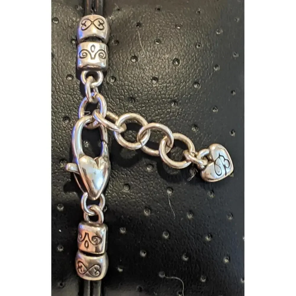 Brighton Alcazar Heart Bracelet Silver Plated Clear Crystals Black Leather 7-8
